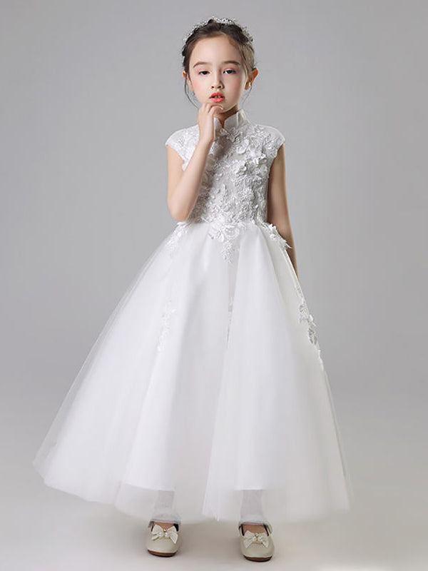 Girls' Banquet Gown Flower Kid's Puffy Yarn Stand Neck Cheongsam Wedding Dress - Dorabear