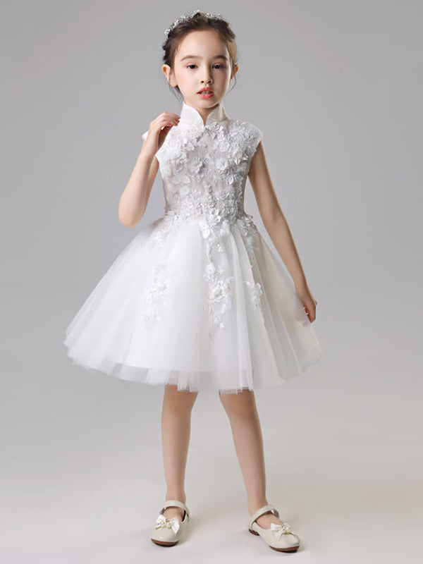 Girls' Banquet Gown Flower Kid's Puffy Yarn Stand Neck Cheongsam Wedding Dress - Dorabear