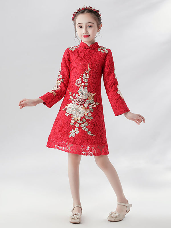 Girls' Cheongsam Long Sleeve Princess Dress Flower Girl Gown Performance Costume - Dorabear