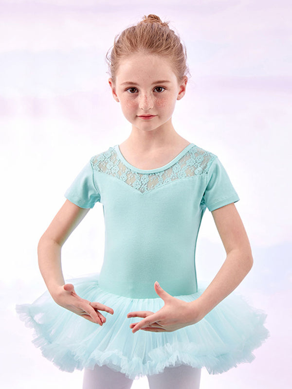 Ballet Lace Stitching Tutu Skirt Summer Dance Short-sleeved Training Dress - Dorabear