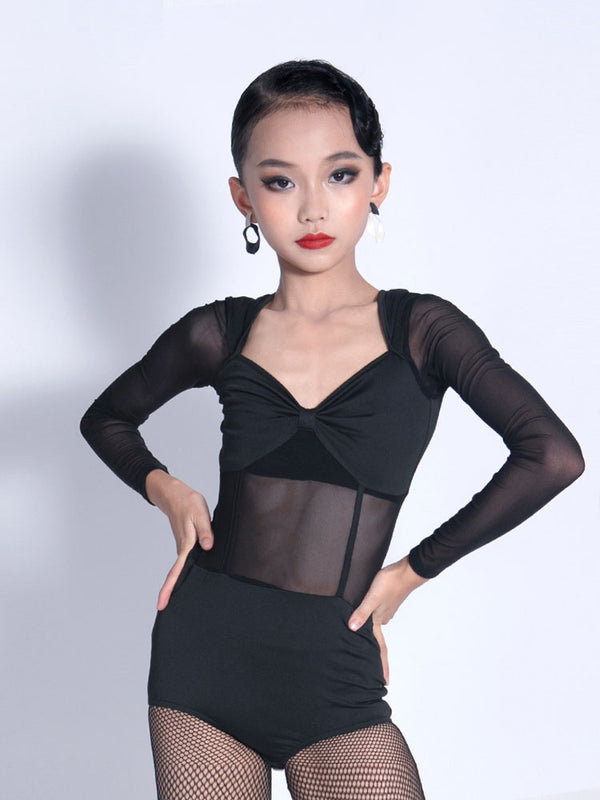 Deep V-neck Mesh Long Sleeve Latin Dance Leotard Black Practice Clothing - Dorabear