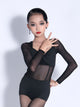 Deep V-neck Mesh Long Sleeve Latin Dance Leotard Black Practice Clothing - Dorabear