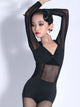 Deep V-neck Mesh Long Sleeve Latin Dance Leotard Black Practice Clothing - Dorabear