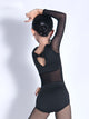 Deep V-neck Mesh Long Sleeve Latin Dance Leotard Black Practice Clothing - Dorabear