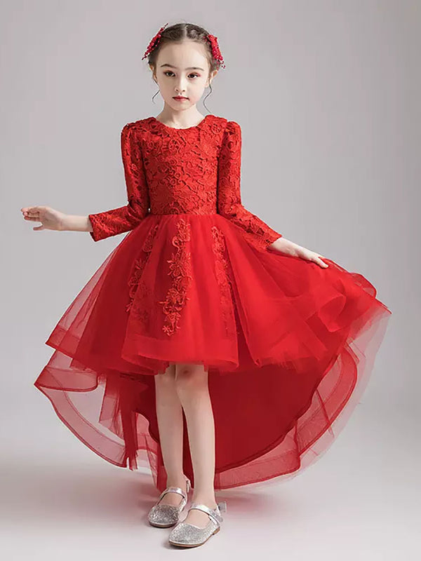 Girls' Evening Gown Long Sleeve Piano Performance Costume Flower Girl Wedding Dress - Dorabear