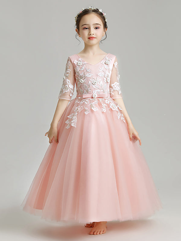 Girls' Evening Gown Mid-sleeve Puffy Gauze Princess Dress Pink Tie Wedding Dress - Dorabear