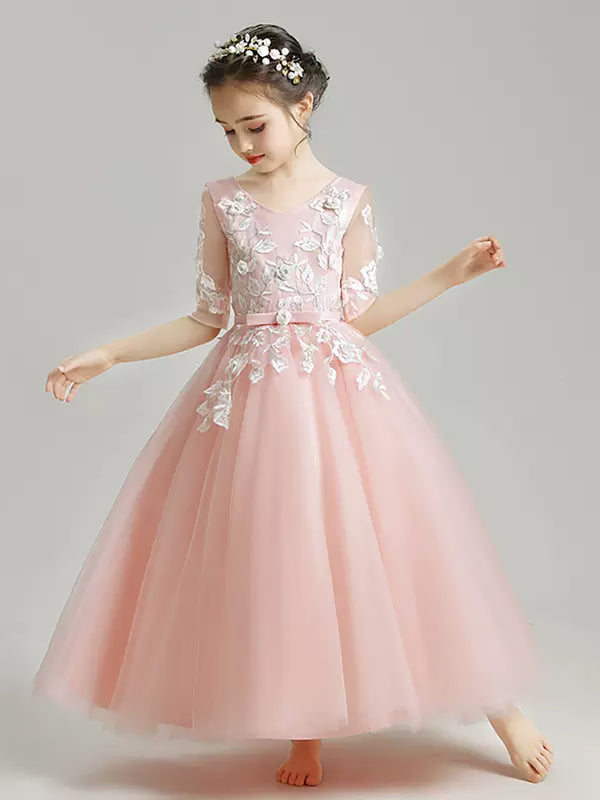 Girls' Evening Gown Mid-sleeve Puffy Gauze Princess Dress Pink Tie Wedding Dress - Dorabear