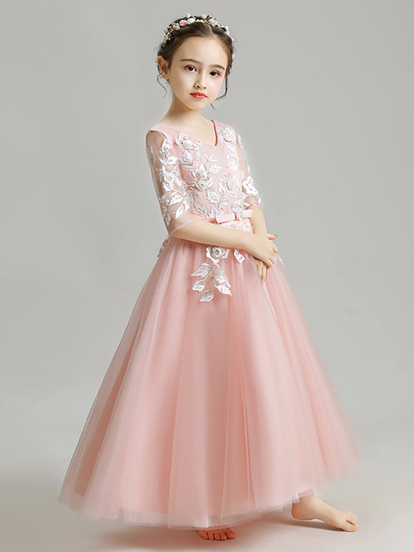 Girls' Evening Gown Mid-sleeve Puffy Gauze Princess Dress Pink Tie Wedding Dress - Dorabear