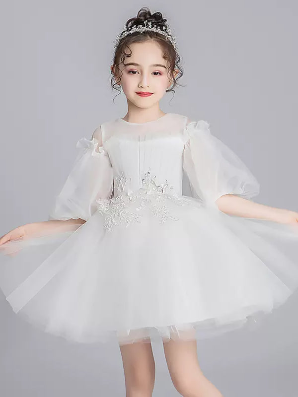 Girls' Evening Gown Piano Performance Costume Bubble Sleeve Puffy Princess Dress - Dorabear