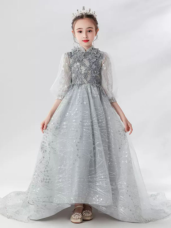 Girls' Evening Gown Piano Performance Costume Long Sleeve Trailing Princess Dress - Dorabear