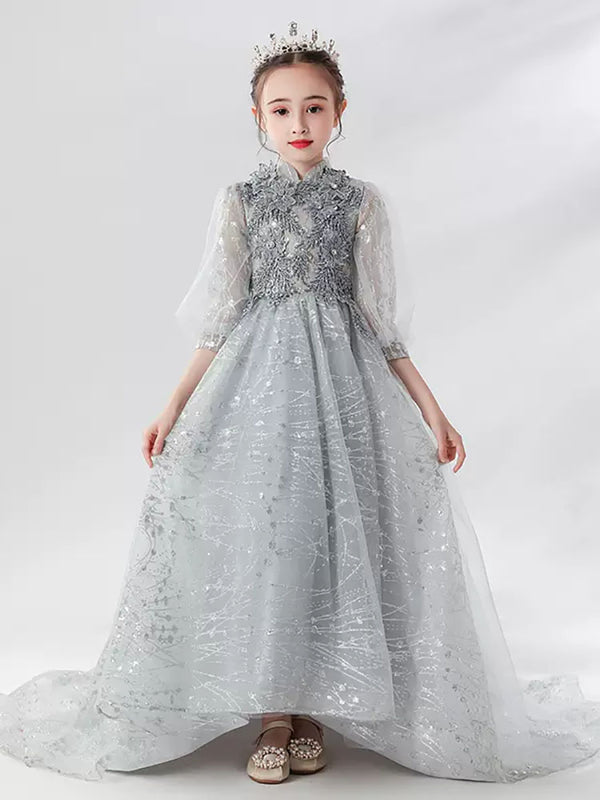 Girls' Evening Gown Piano Performance Costume Long Sleeve Trailing Princess Dress - Dorabear