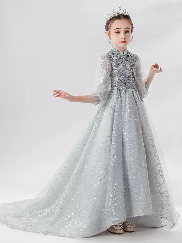 Girls' Evening Gown Piano Performance Costume Long Sleeve Trailing Princess Dress - Dorabear