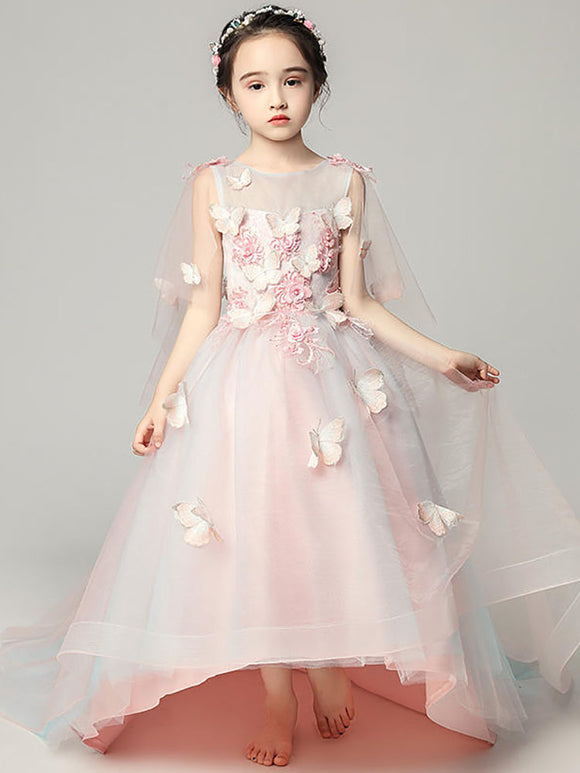 Girls' Evening Gown Pink Trailing Wedding Dress Puffy Piano Performance Costume - Dorabear