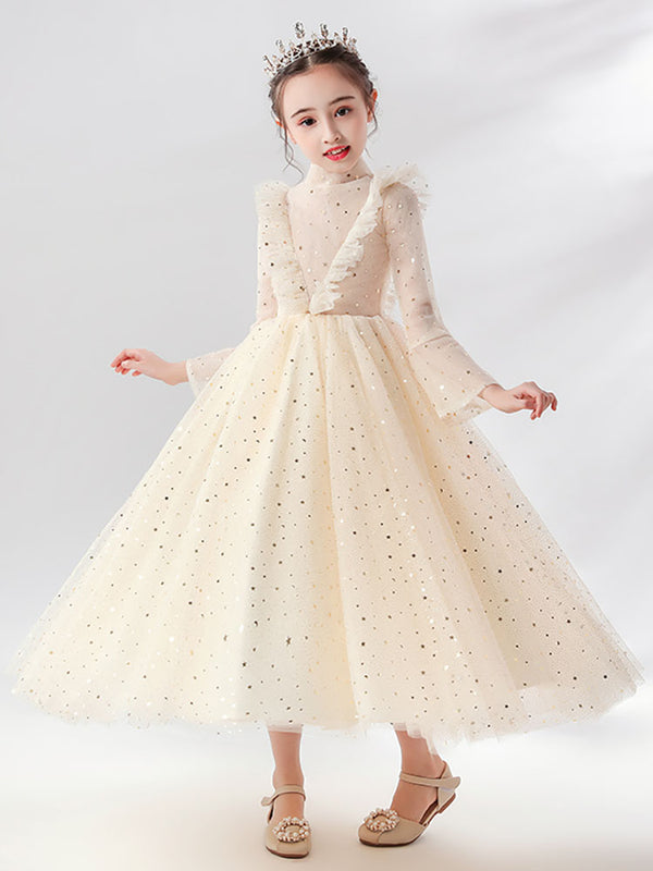 Girls' Evening Gown Puffy Princess Dress Long Sleeved Piano Performance Costume - Dorabear