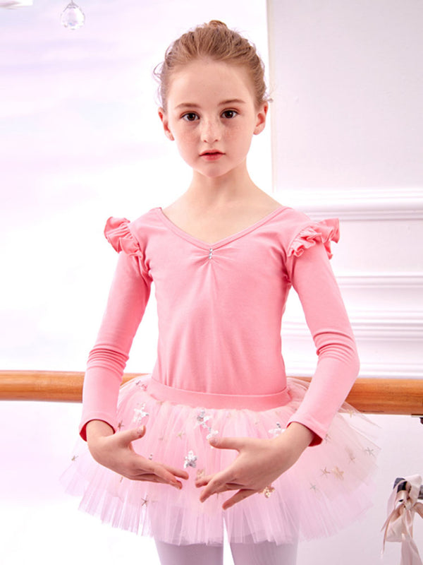 Ruffled Long-sleeved Practice Clothes Ballet Split Tutu Skirt Suits - Dorabear