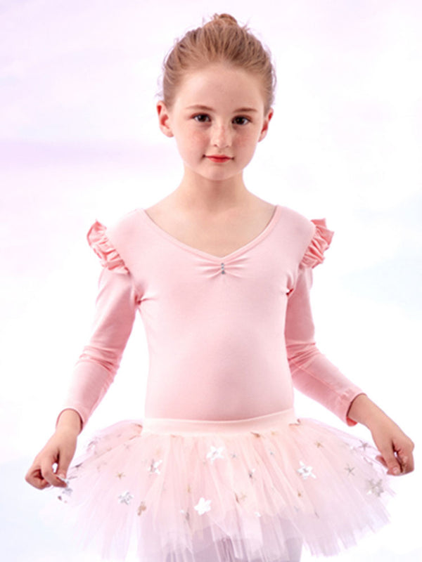 Ruffled Long-sleeved Practice Clothes Ballet Split Tutu Skirt Suits - Dorabear