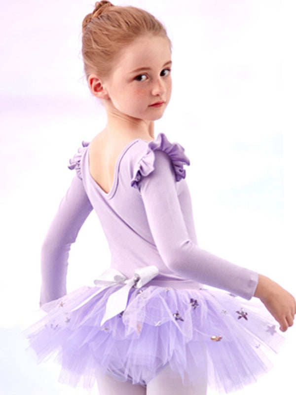 Ruffled Long-sleeved Practice Clothes Ballet Split Tutu Skirt Suits - Dorabear