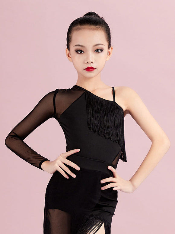 Fall/Winter One-shoulder Sling Mesh Long-sleeved Latin Dance Leotard - Dorabear