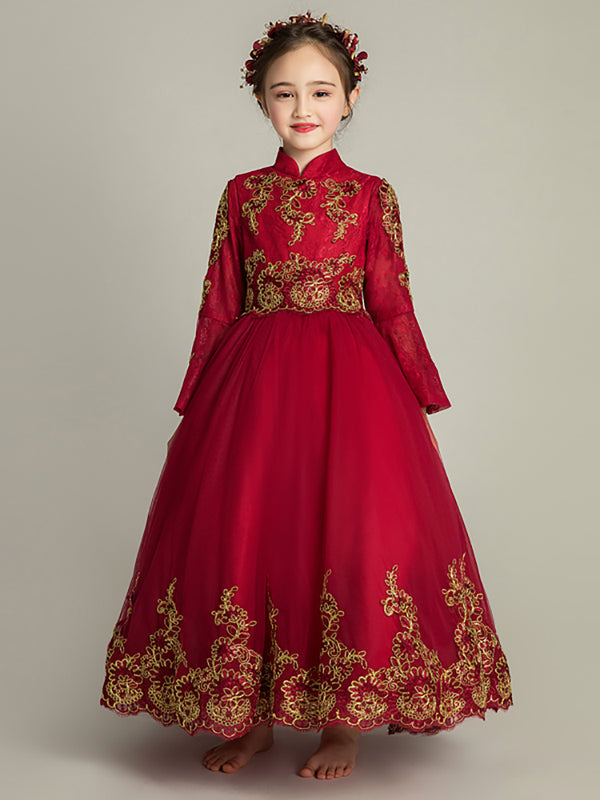 Girls' Long-sleeved Banquet Dress Evening Gown Walk Show Performence Costume Princess Dress - Dorabear