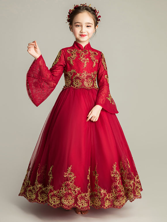 Girls' Long-sleeved Banquet Dress Evening Gown Walk Show Performence Costume Princess Dress - Dorabear