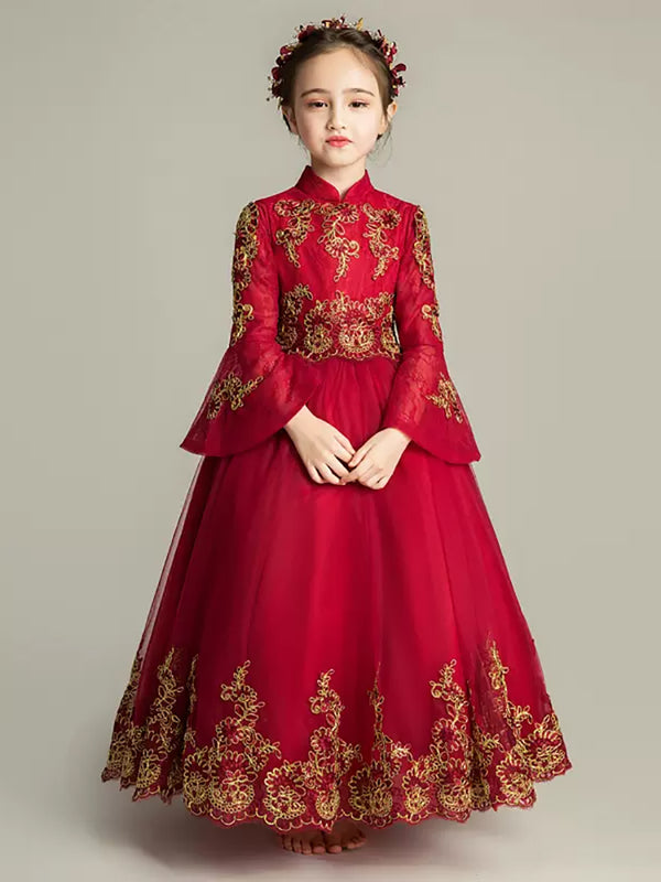 Girls' Long-sleeved Banquet Dress Evening Gown Walk Show Performence Costume Princess Dress - Dorabear