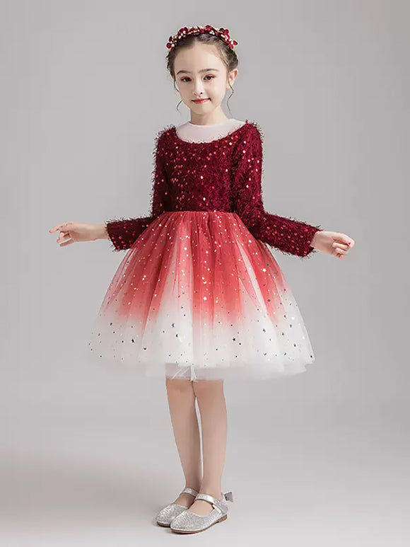 Girls' Long-sleeved Evening Gown Flower Girl Princess Dress Gauze Piano Performance Dress - Dorabear