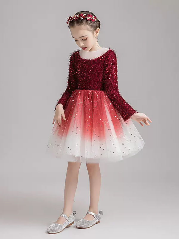 Girls' Long-sleeved Evening Gown Flower Girl Princess Dress Gauze Piano Performance Dress - Dorabear