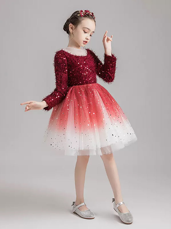 Girls' Long-sleeved Evening Gown Flower Girl Princess Dress Gauze Piano Performance Dress - Dorabear