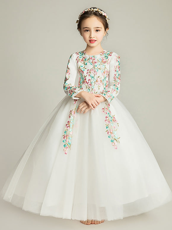 Girls' Long-sleeved Evening Gown Flower Girl Wedding Dress Piano Performance Dress Costume - Dorabear