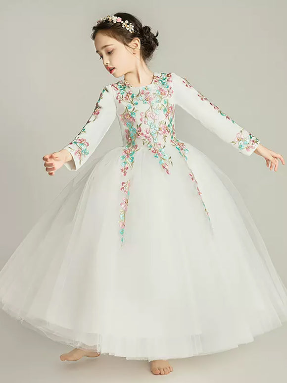 Girls' Long-sleeved Evening Gown Flower Girl Wedding Dress Piano Performance Dress Costume - Dorabear