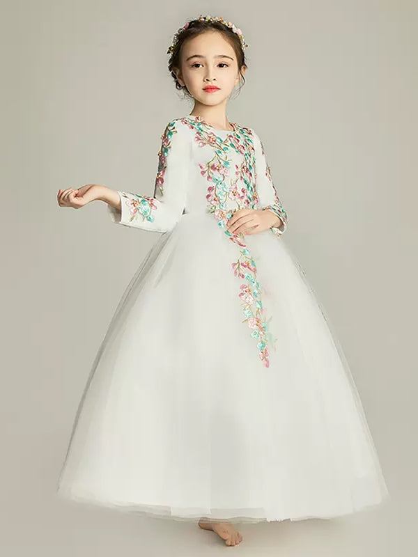 Girls' Long-sleeved Evening Gown Flower Girl Wedding Dress Piano Performance Dress Costume - Dorabear