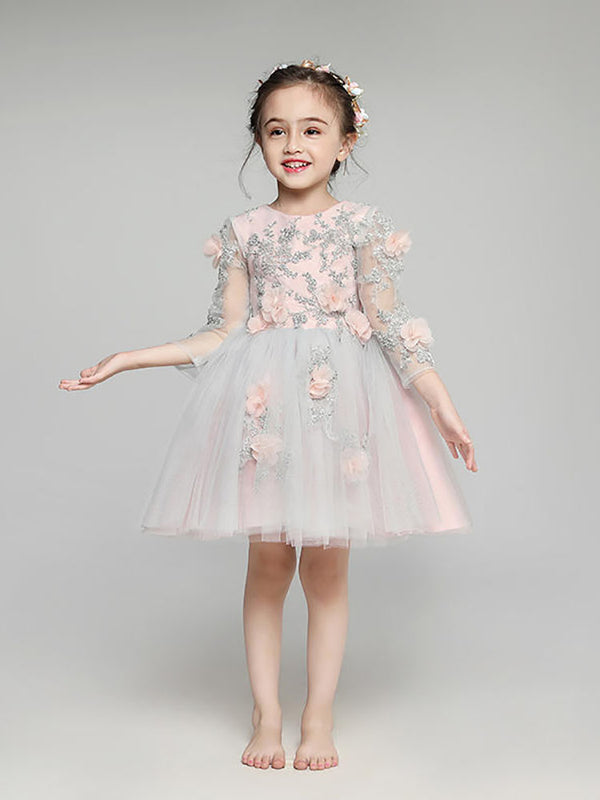 Girls' Long-sleeved Fluffy Wedding Dress Flower Girl Gown Piano Performance Costume - Dorabear