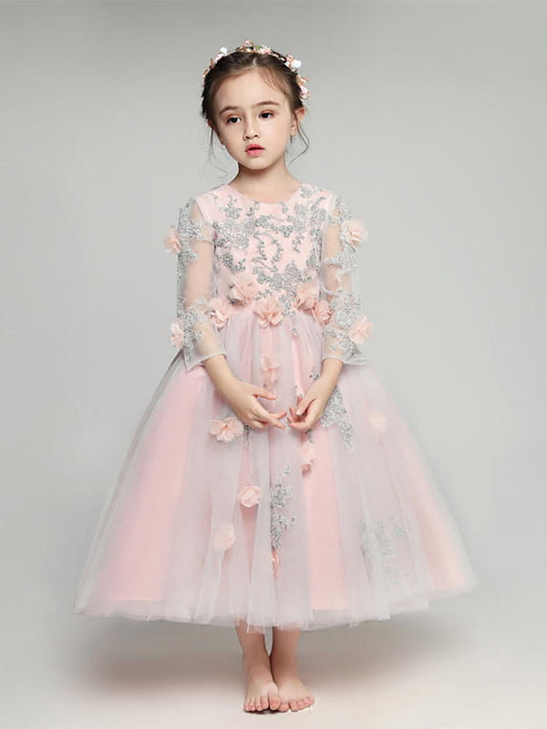 Girls' Long-sleeved Fluffy Wedding Dress Flower Girl Gown Piano Performance Costume - Dorabear