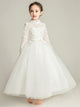 Girls' Long-sleeved White Piano Performance Costume Flower Girl Gown Wedding Dress - Dorabear