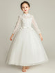 Girls' Long-sleeved White Piano Performance Costume Flower Girl Gown Wedding Dress - Dorabear