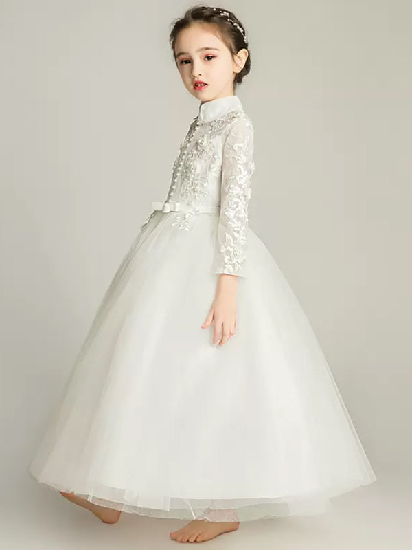 Girls' Long-sleeved White Piano Performance Costume Flower Girl Gown Wedding Dress - Dorabear