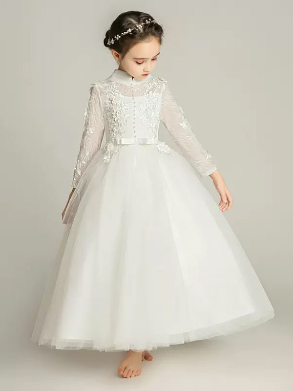 Girls' Long-sleeved White Piano Performance Costume Flower Girl Gown Wedding Dress - Dorabear