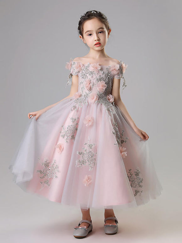 Girls' Off-shoulder Evening Gown Piano Performance Costume Long Princess Dress - Dorabear