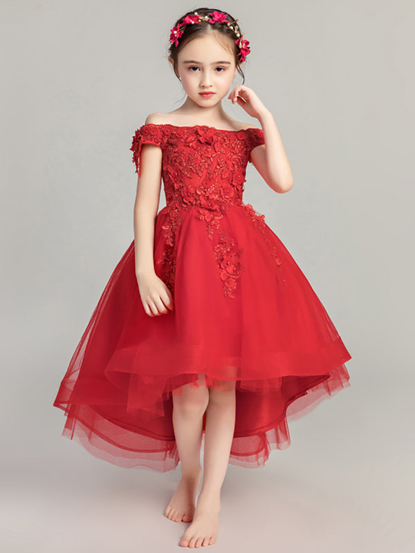 Girls' Off-shoulder Red Wedding Dress Evening Gown Piano Performance Costume - Dorabear