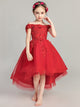 Girls' Off-shoulder Red Wedding Dress Evening Gown Piano Performance Costume - Dorabear