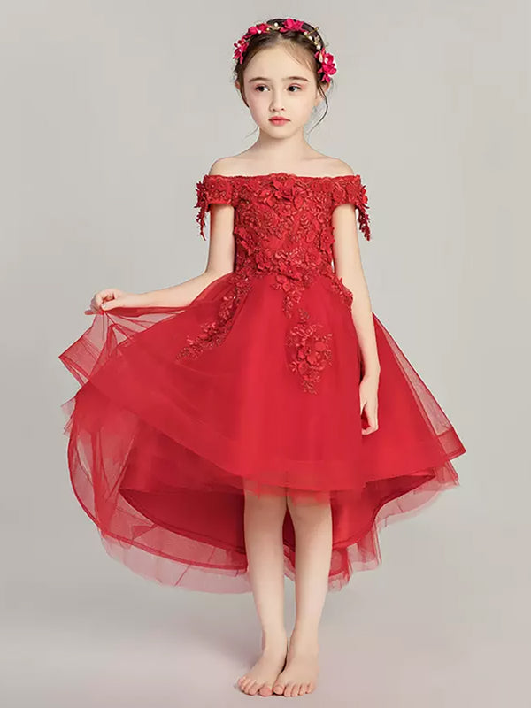 Girls' Off-shoulder Red Wedding Dress Evening Gown Piano Performance Costume - Dorabear