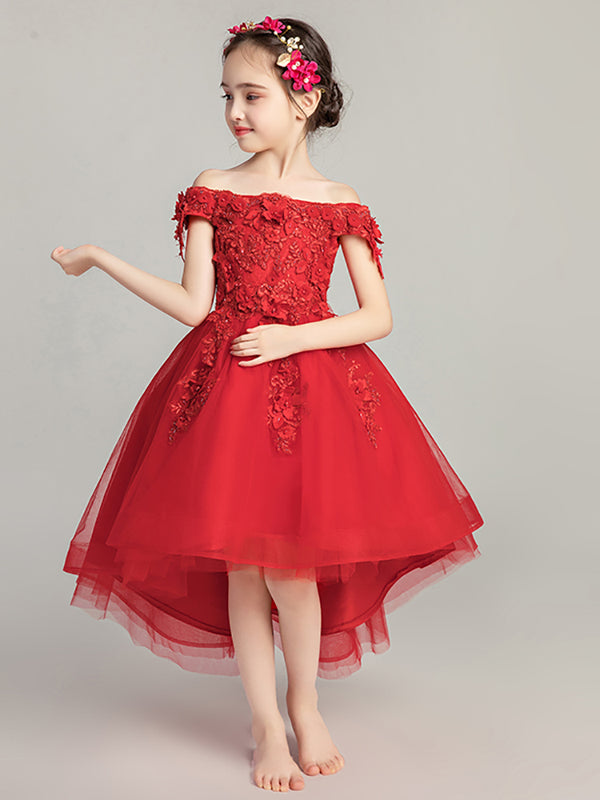 Girls' Off-shoulder Red Wedding Dress Evening Gown Piano Performance Costume - Dorabear