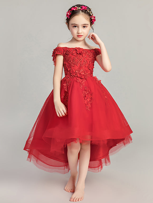 Girls' Off-shoulder Red Wedding Dress Evening Gown Piano Performance Costume - Dorabear