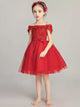 Girls' Off-shoulder Red Wedding Dress Evening Gown Piano Performance Costume - Dorabear