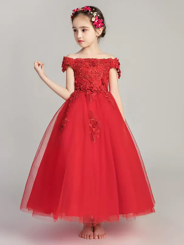 Girls' Off-shoulder Red Wedding Dress Evening Gown Piano Performance Costume - Dorabear