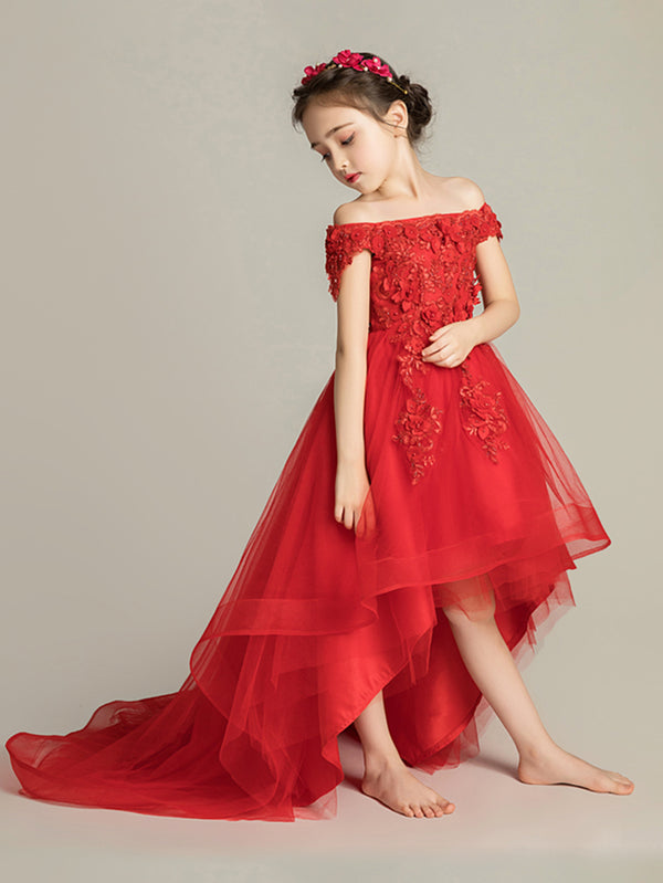 Girls' Off-shoulder Red Wedding Dress Evening Gown Piano Performance Costume - Dorabear