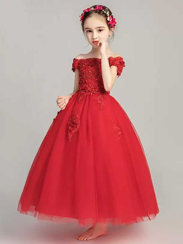 Girls' Off-shoulder Strapping Wedding Dress Long Piano Performance Costume Puffy Dress - Dorabear