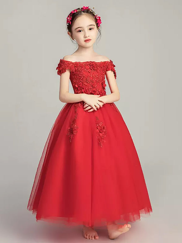 Girls' Off-shoulder Strapping Wedding Dress Long Piano Performance Costume Puffy Dress - Dorabear