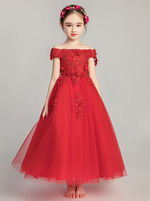 Girls' Off-shoulder Strapping Wedding Dress Long Piano Performance Costume Puffy Dress - Dorabear