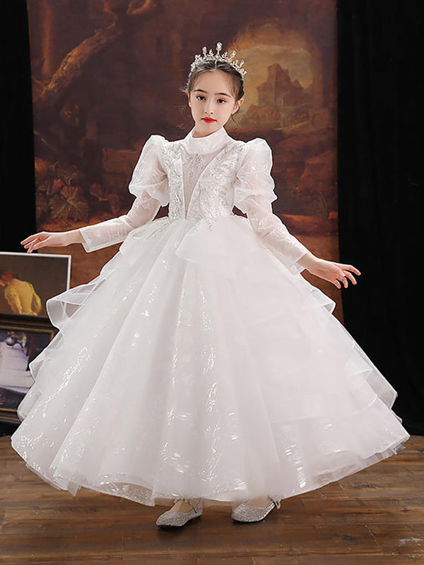 Girls' Princess Dress Banquet Gown Flower Girl Wedding Dress Long Sleeve Piano Performance Costume - Dorabear